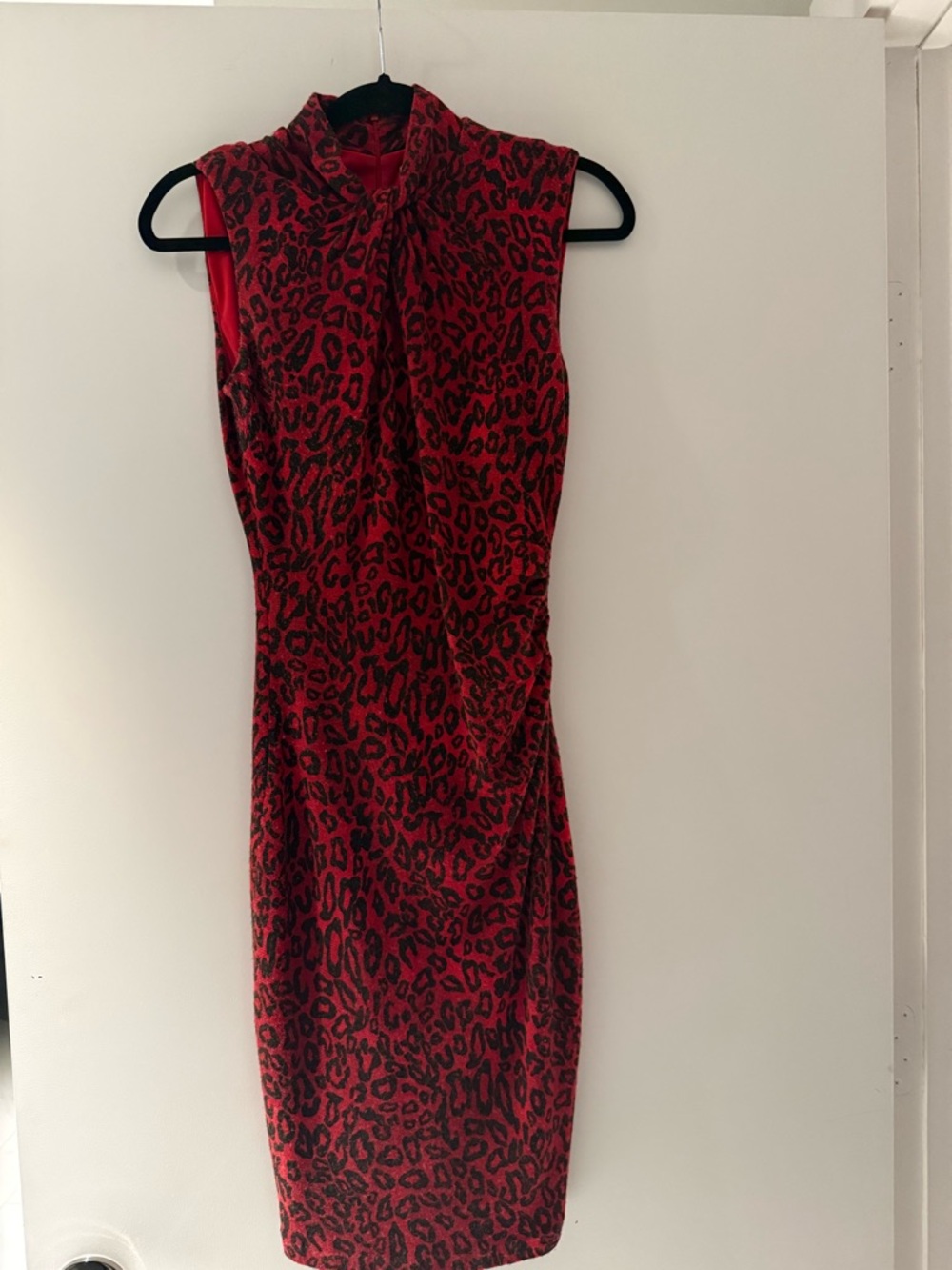Cache Red and Black Leopard Print Knee Length Dress with Neck Tie